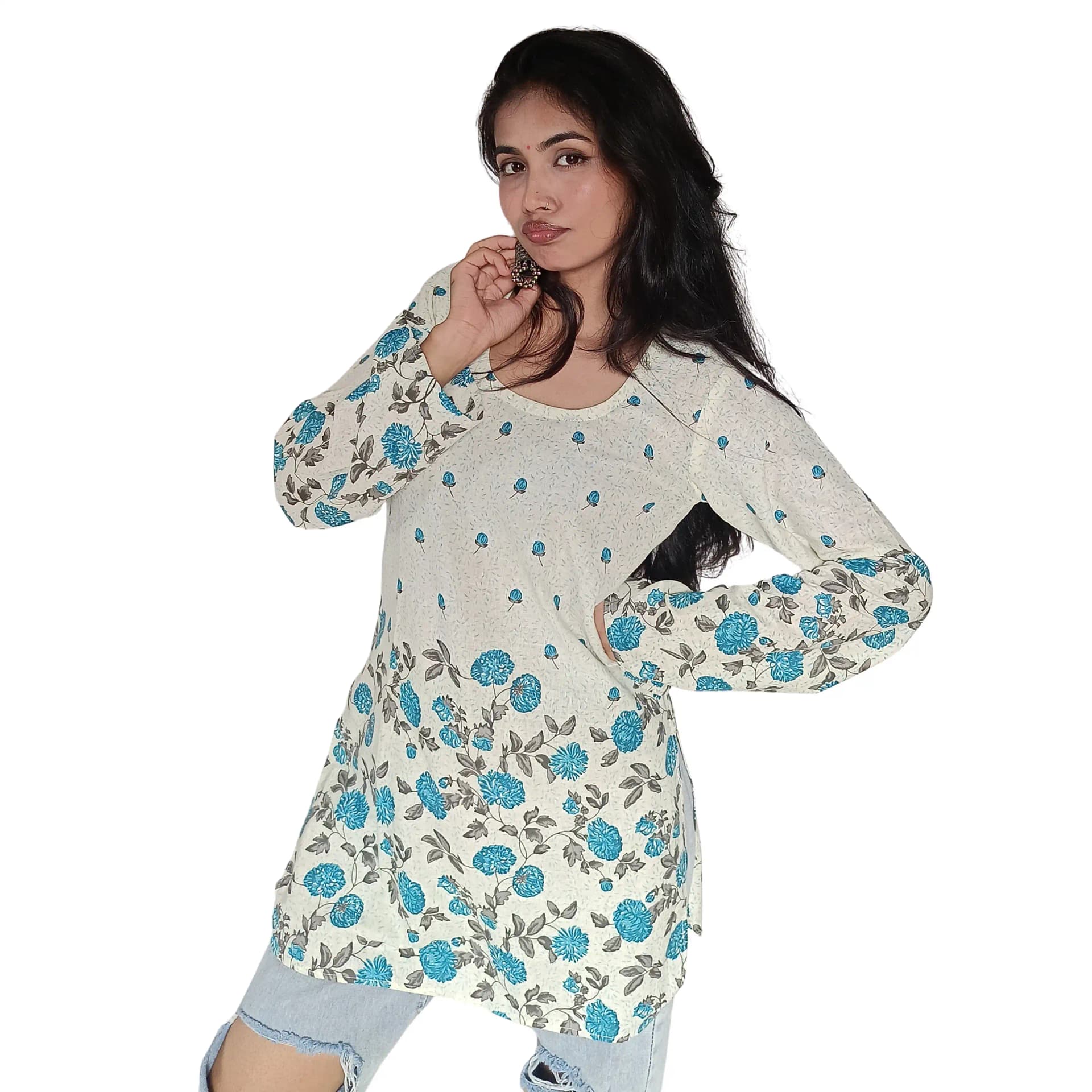 Women's White & Blue Floral Cotton Short Kurti | Printed Casual Ethnic Top | Evorece