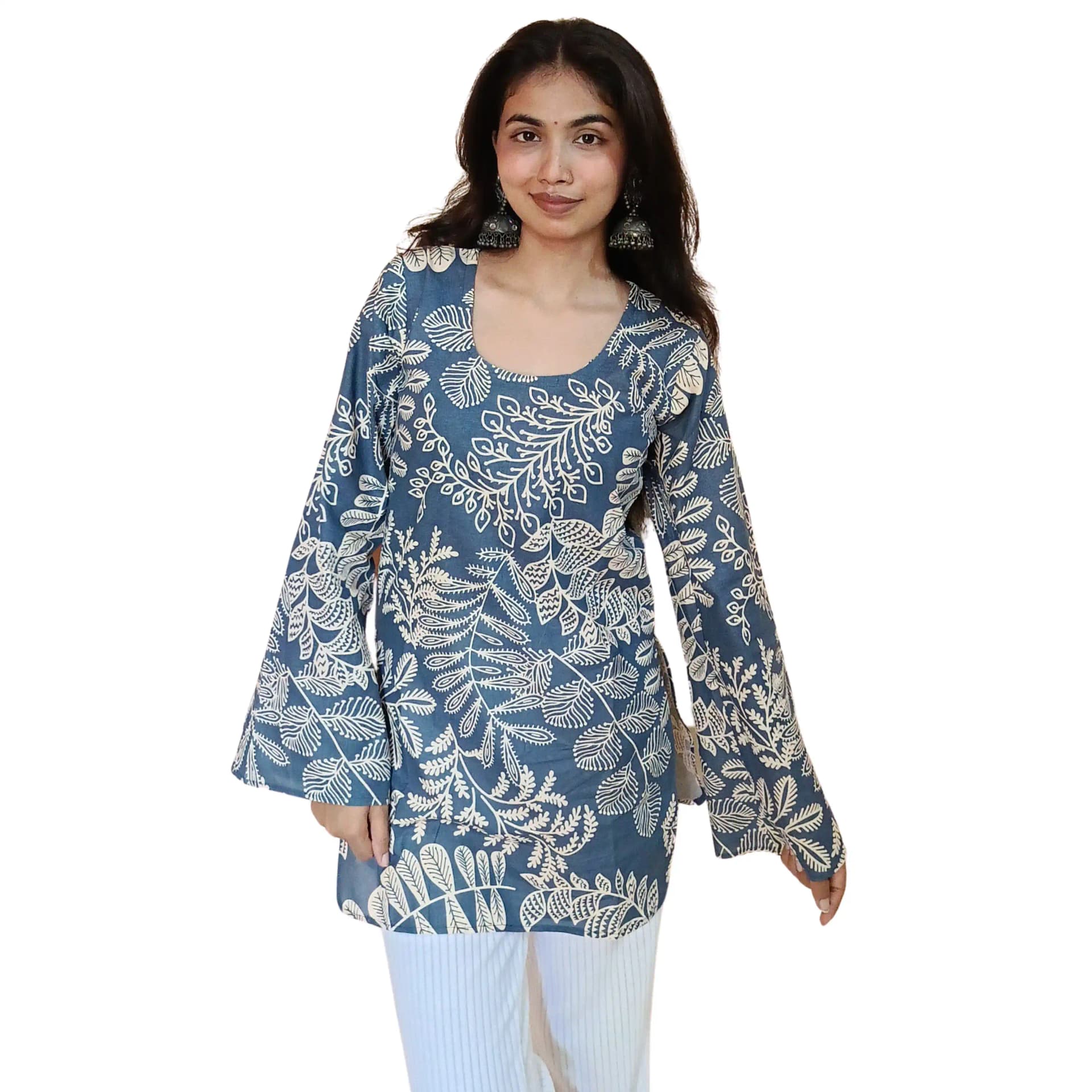 Women's Blue Cotton Printed Kurti with Bell Sleeves | Casual Ethnic Top | Evorece