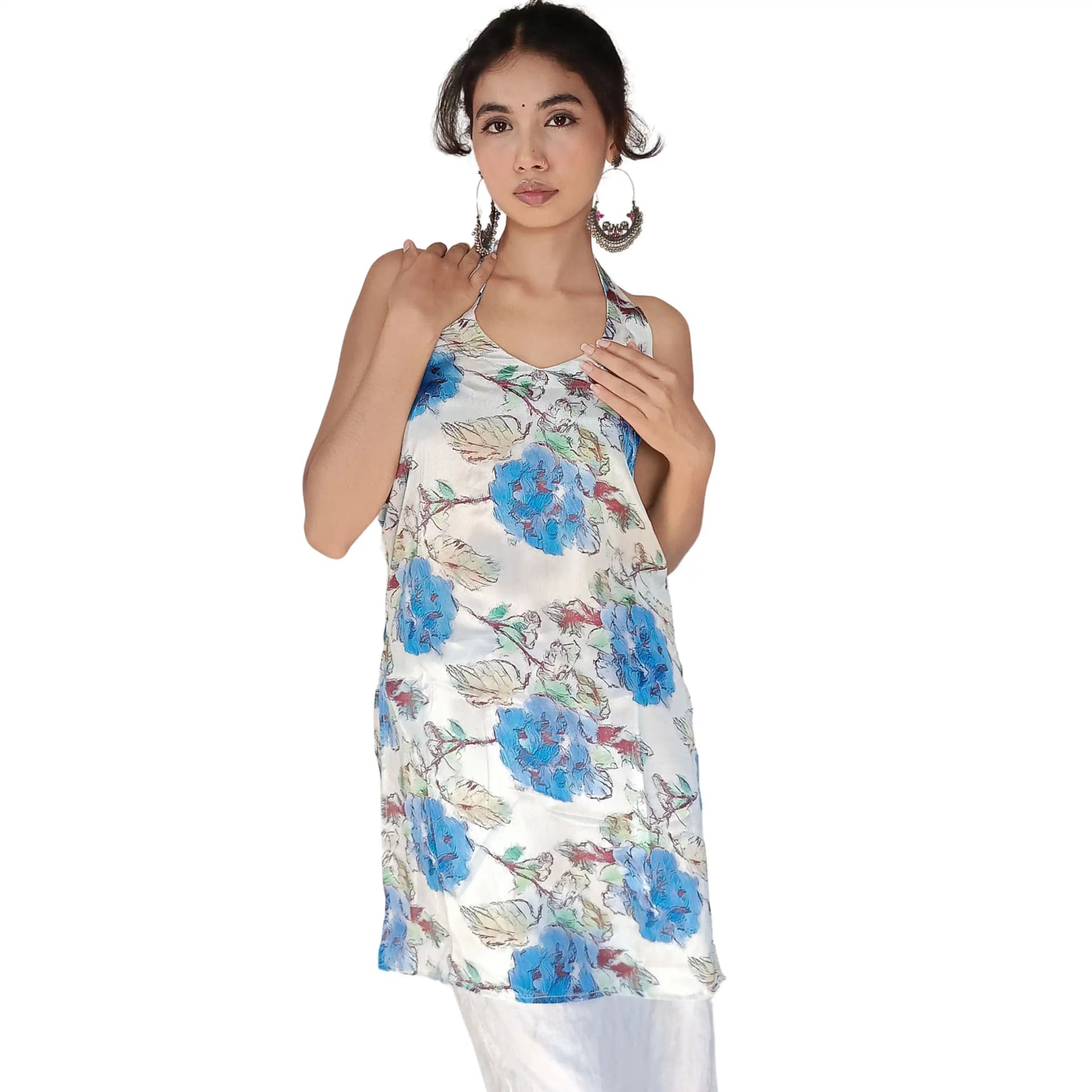 Women's White Floral Muslin Halter Neck Kurti | Sleeveless Printed Summer Kurti | Evorece