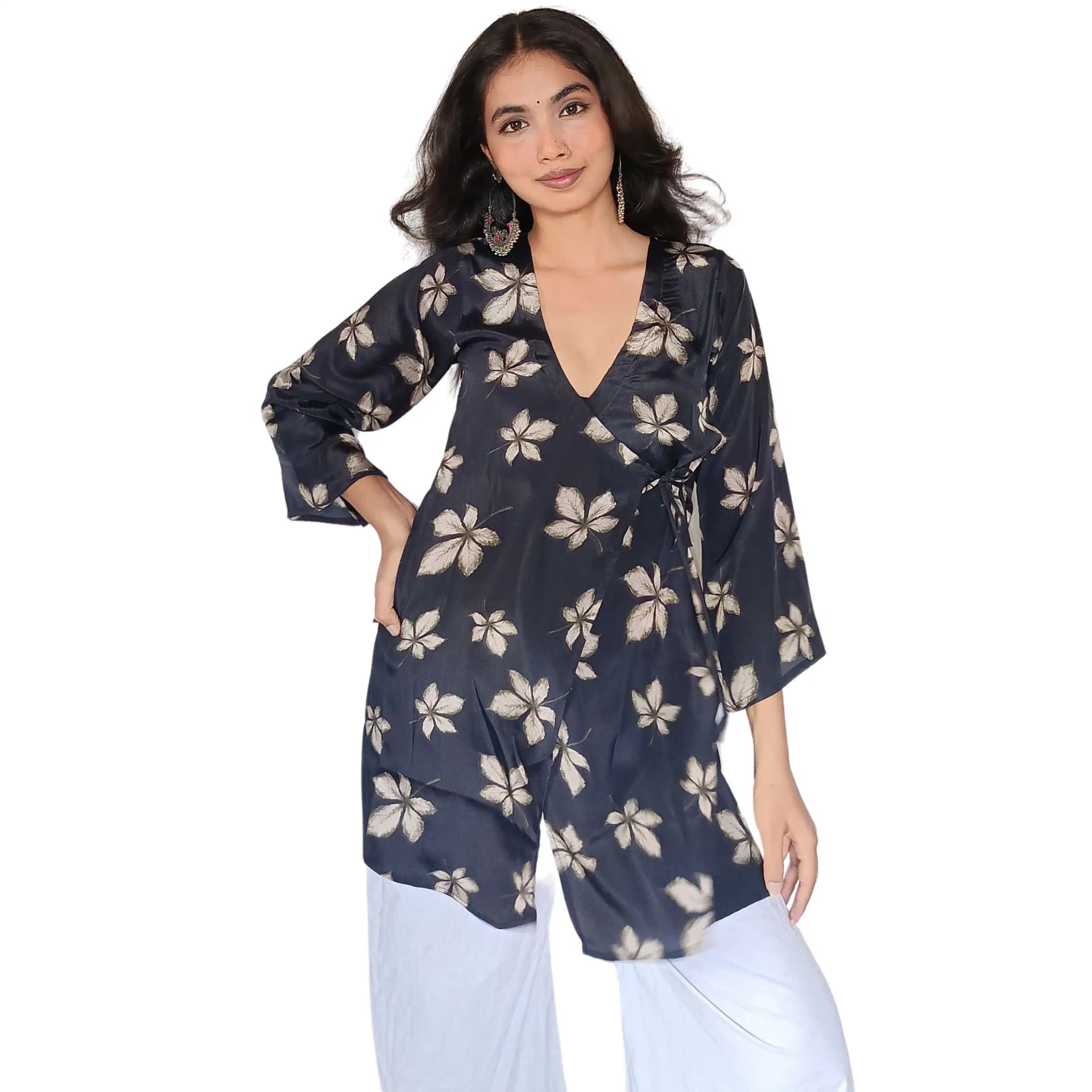 Women's Black Muslin Floral Wrap Kurti | V-Neck Tie-Waist Printed Kurti | Evorece